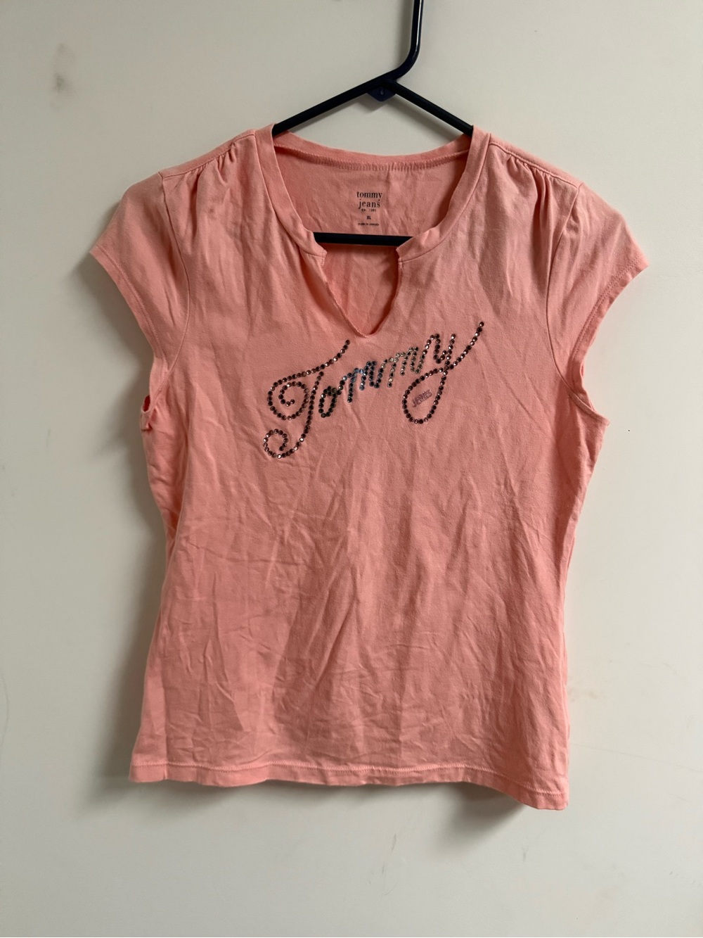 Tommy Hilfiger Coral Pink Rhinestone Logo Short Sleeve Tee